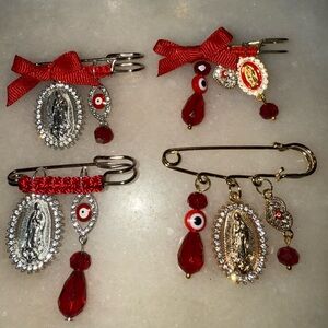 Red and Gold Religious Charm Brooch Set silver and red